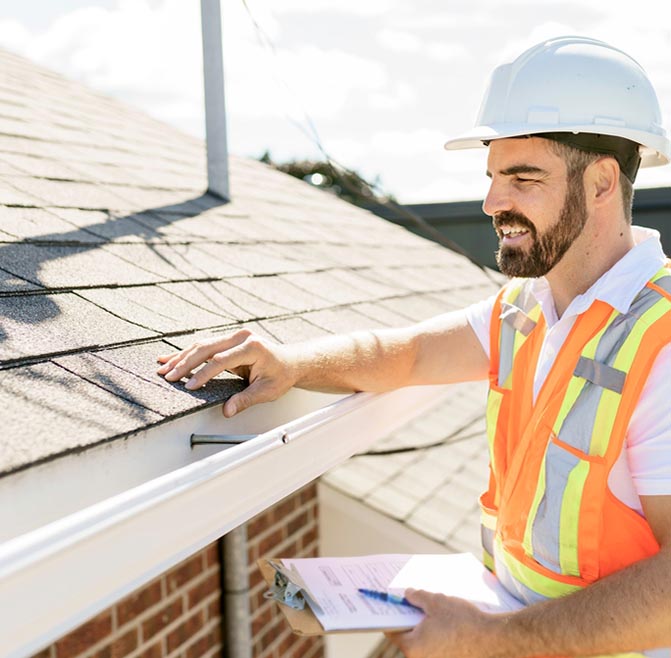 A man in a hard hat, holding a clipboard, standing on the steps of an old rundown house.